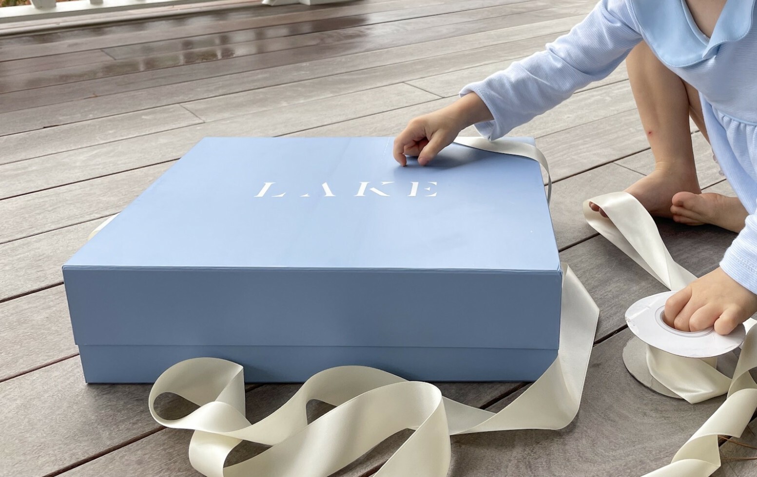 LAKE Pajamas signature navy and light blue rigid gift boxes with custom tissue