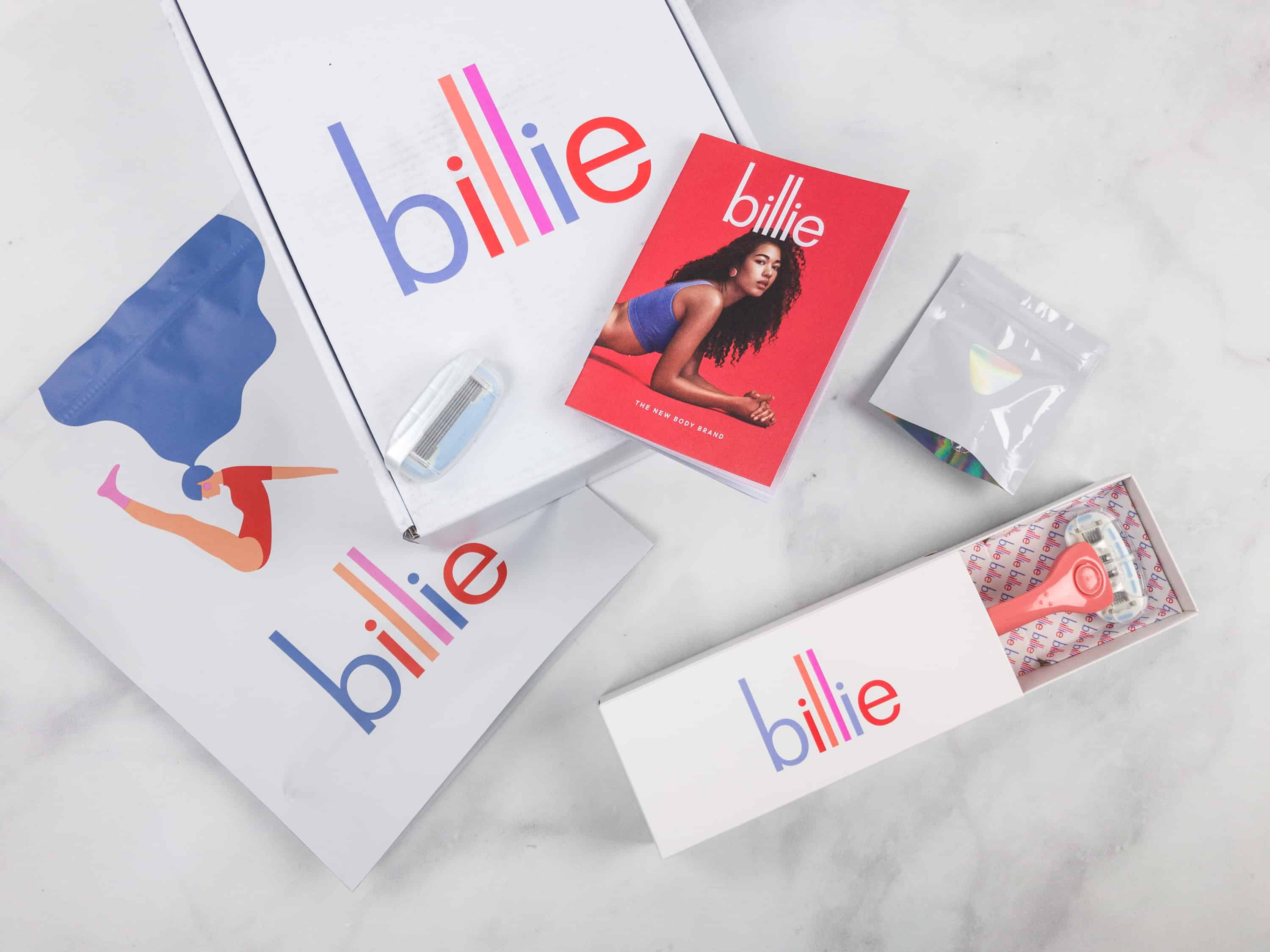 Billie full-color custom mailer box with gradient print and illustrated figures