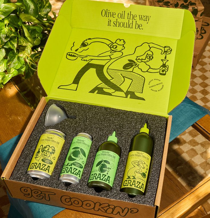 Graza kraft corrugated shipper opening to full-bleed chartreuse interior with custom foam bottle insert