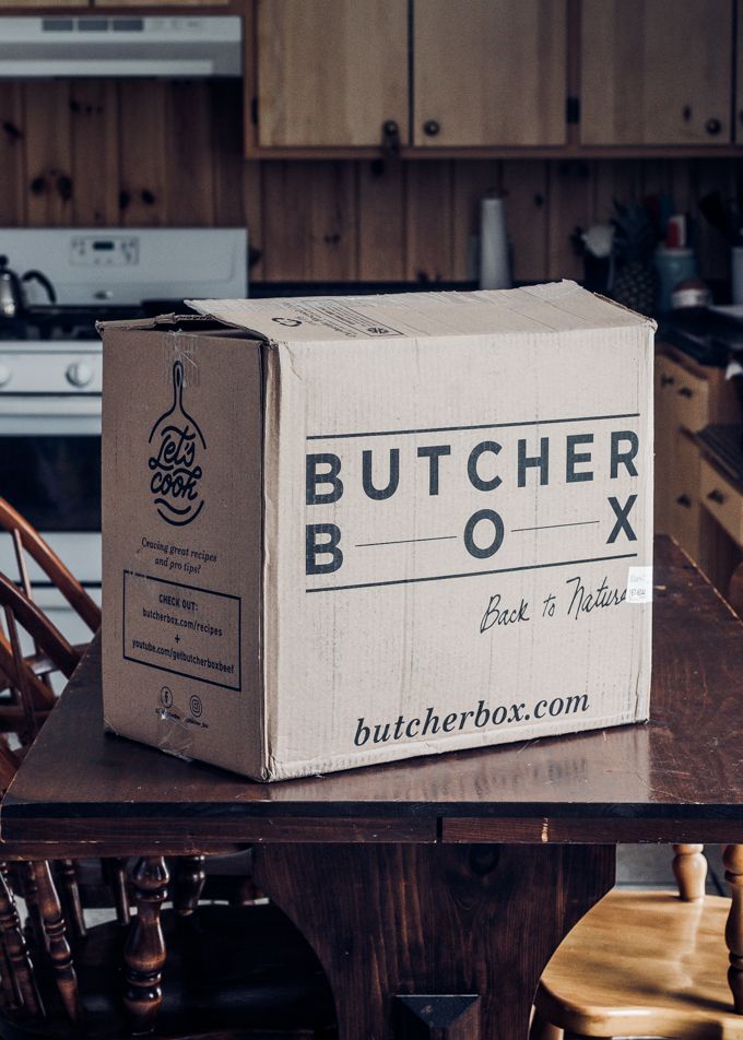 ButcherBox large corrugated shipper with oversized bold kraft typography and insulated foam liner
