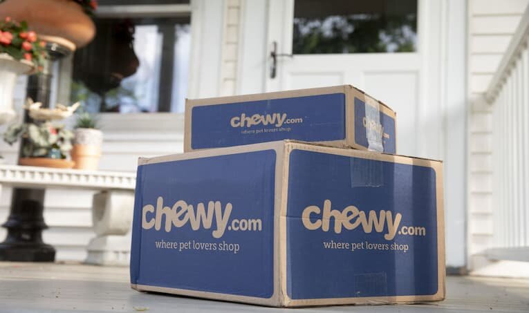 Chewy navy blue custom printed RSC corrugated boxes across multiple sizes for pet product subscription